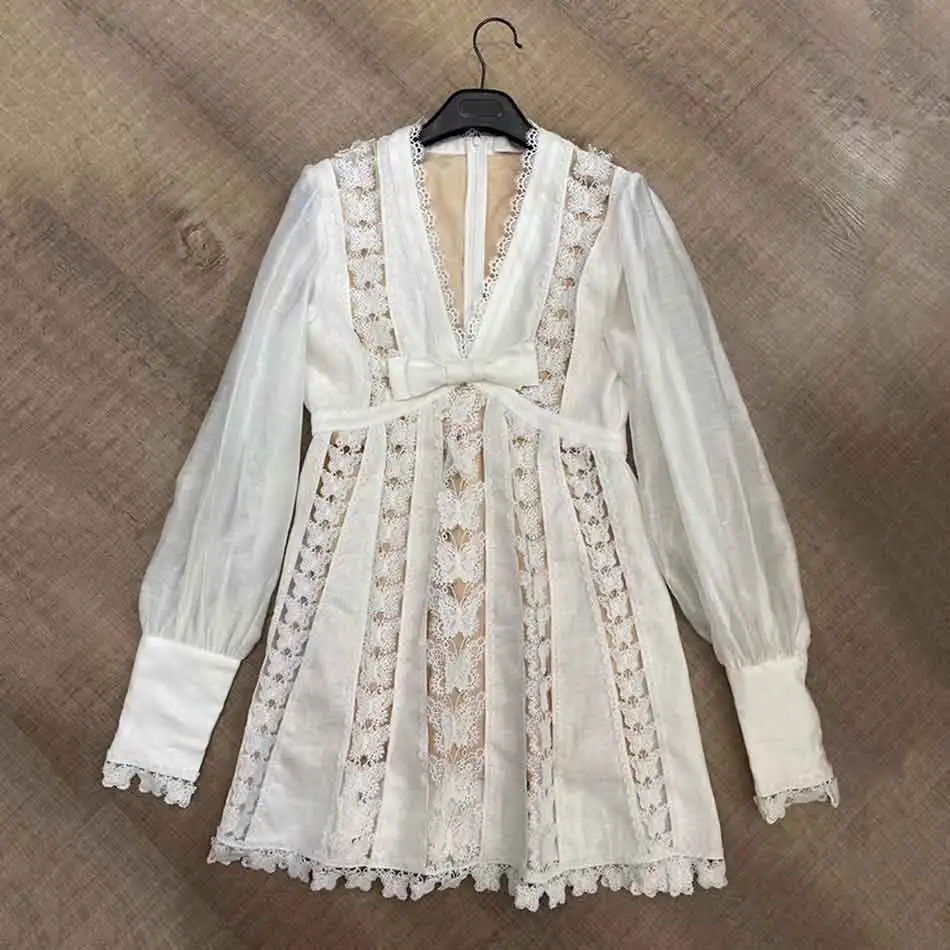 

High Quality 2020 Autumn Sexy V-Neck Lantern Long Sleeve Bow Lace Patchwork Dress Elegant Women'S Club Party Party Dress Vestido