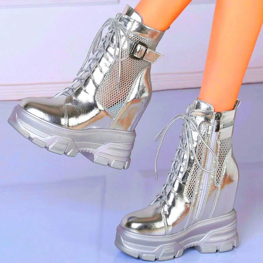 

Huge High Heels Summer Women's Genuine Leather Platform Wedge Ankle Boots Military Buckle Riding Sandals Punk Party