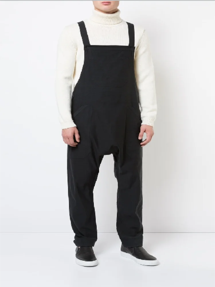 Spring/summer new men's one-piece overalls casual bib pants loose Harlem style overalls solid color double pocket trousers