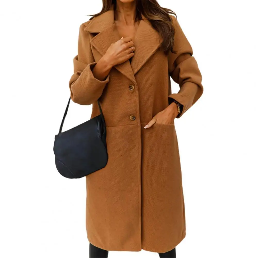 

Lady Trench Coat Women Solid Color Single-breasted Casual Turn-down Collar Cardigan Woolen Winter Jacket Women for Daily Wear