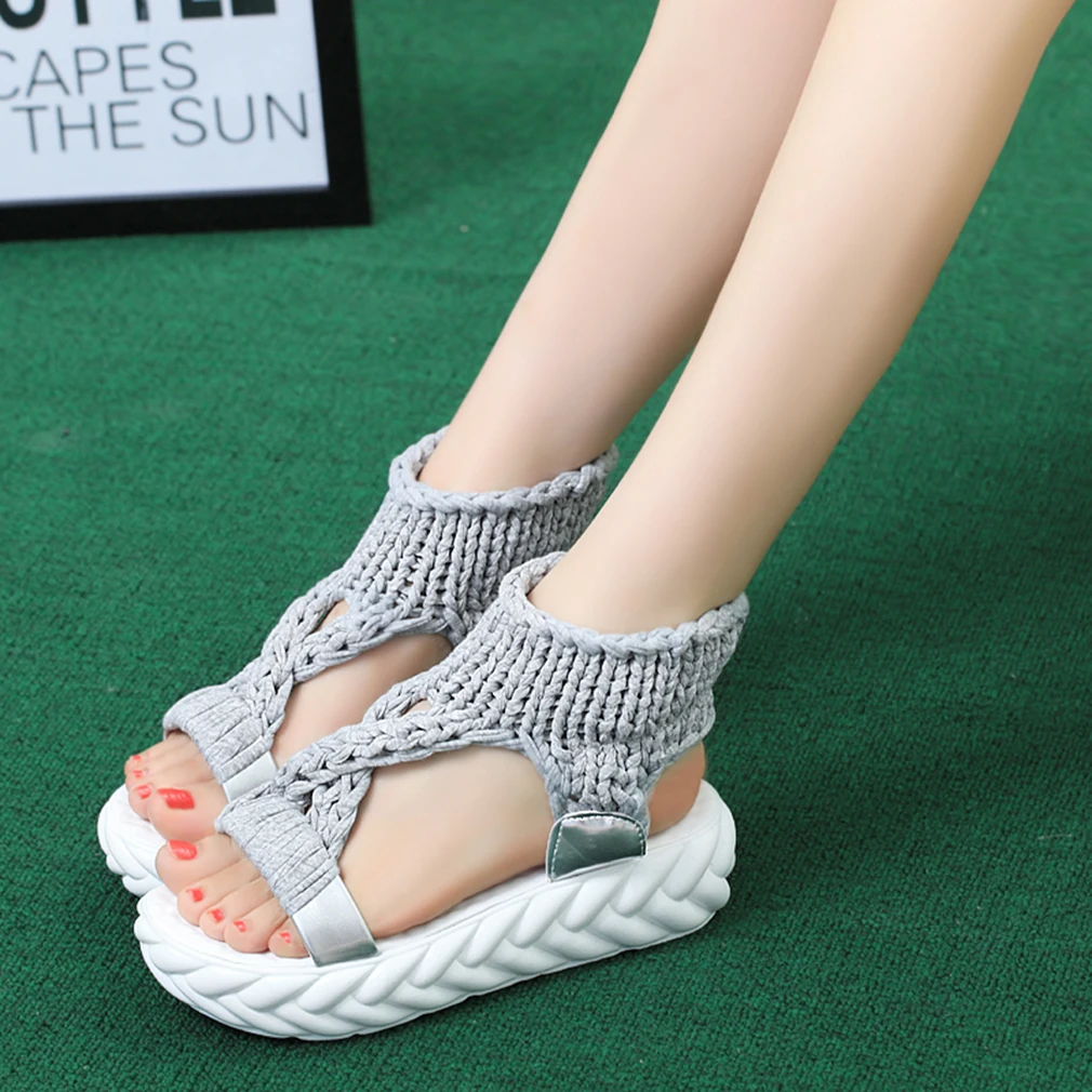 

Women Gladiator Sandals Summer Flat Wool Shoes Thick-bottomed Knitting Sandals Solid Ladies Platform Sandalias Zapatos Mujer