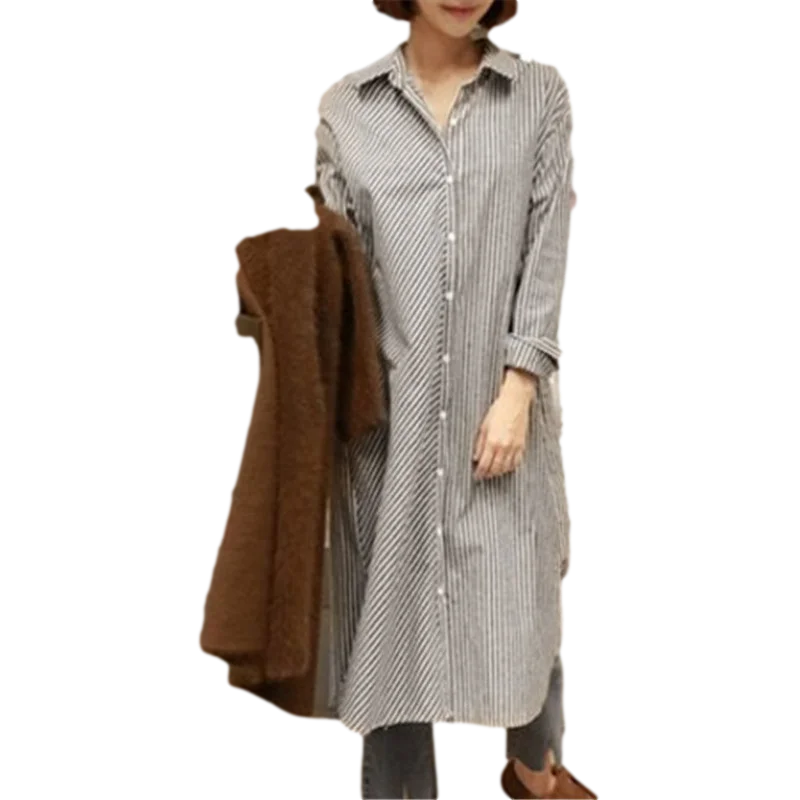 

2020 Autumn New Stripe Long-sleeved Large Size Korean Style Black Shirt All-match Mid-calf Clothes For Women D046