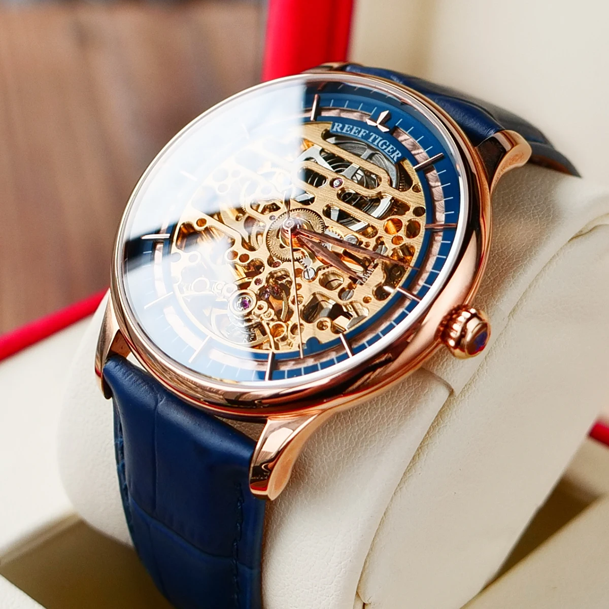 Мужские часы скелетоны из телячьей кожи цвета розового золота|tiger design|watch automaticwatch