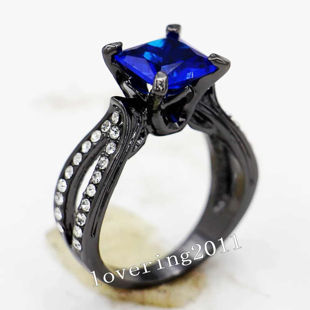 

Princess cut Lab Sapphire Ring Black Gold Filled Engagement Wedding Band Rings for women Bridal Promise Party Jewelry