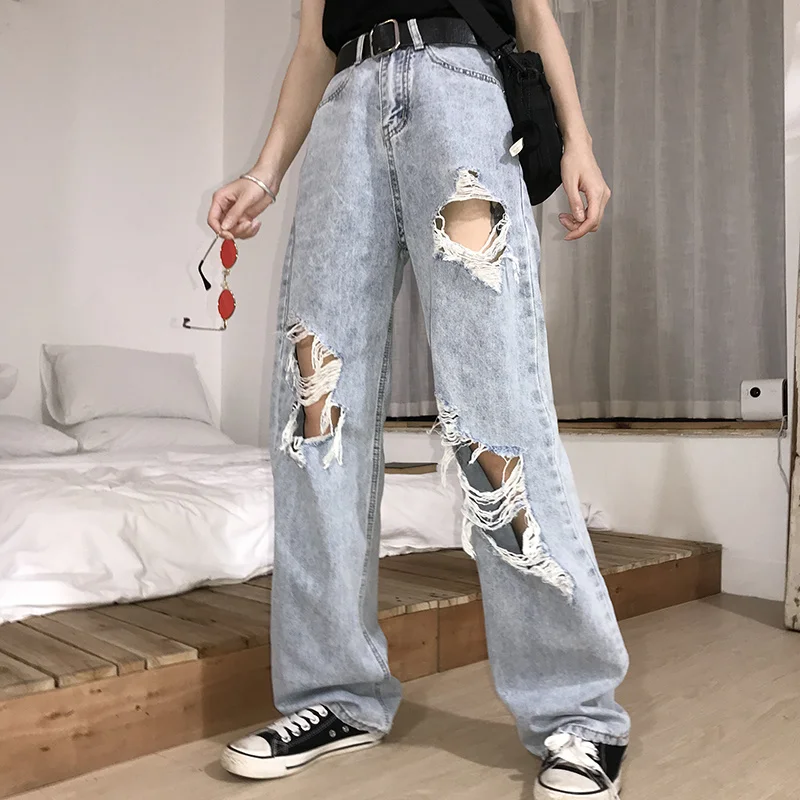 

2020 New High Waist Ripped Jeans Women's Hip Hop Loose Jeans 5XL Women Pants Vintage Female Torn Trousers Streetwear KZ69