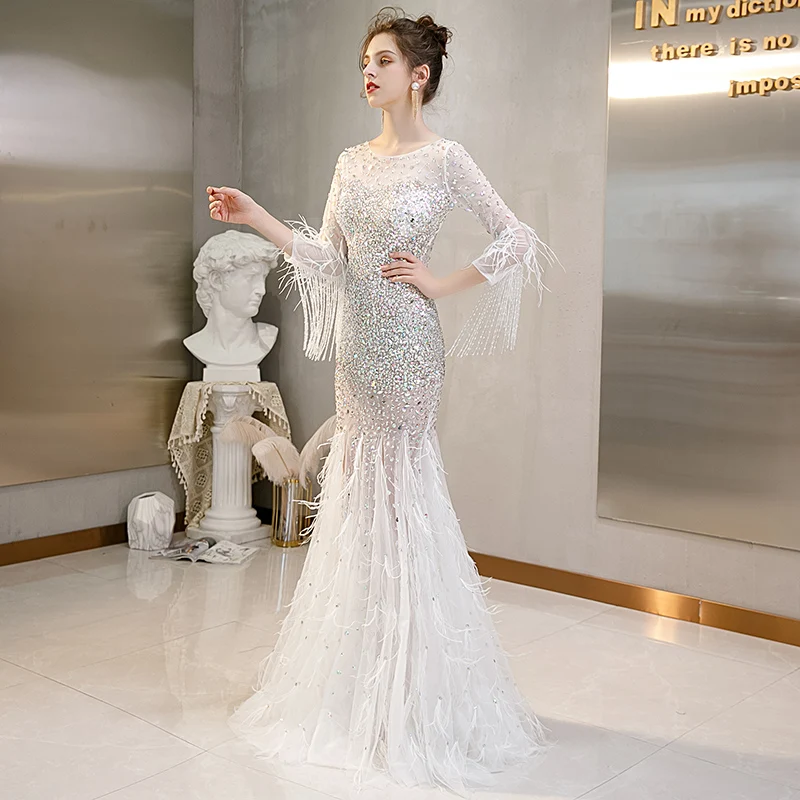 Sexy High Slit Prom Dresses Beads Light Gray Mermaid Lady Formal Evening Gown Feathers High Quality Party Prom Evening Dresses