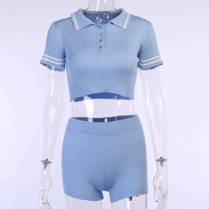 

two piece set Knit short sleeve tshirt and short pants sets Women's with buttons crop tops and skinny shorts suit Casual outfits