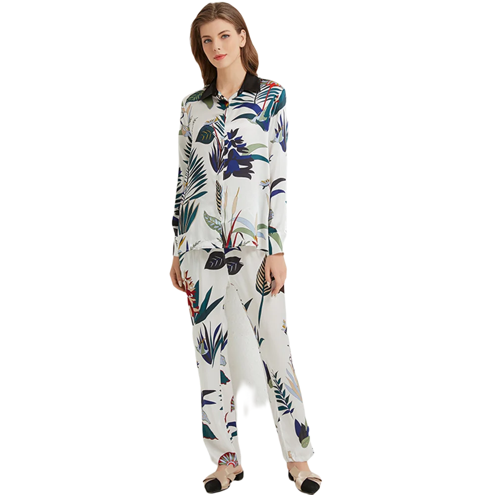 Maison Gabrielle Palm Leaf Printed Silk Pajamas Set 100% Pure Mulberry Silk 2 Pieces Long Sleeve Women's Loungewear Sleepwear