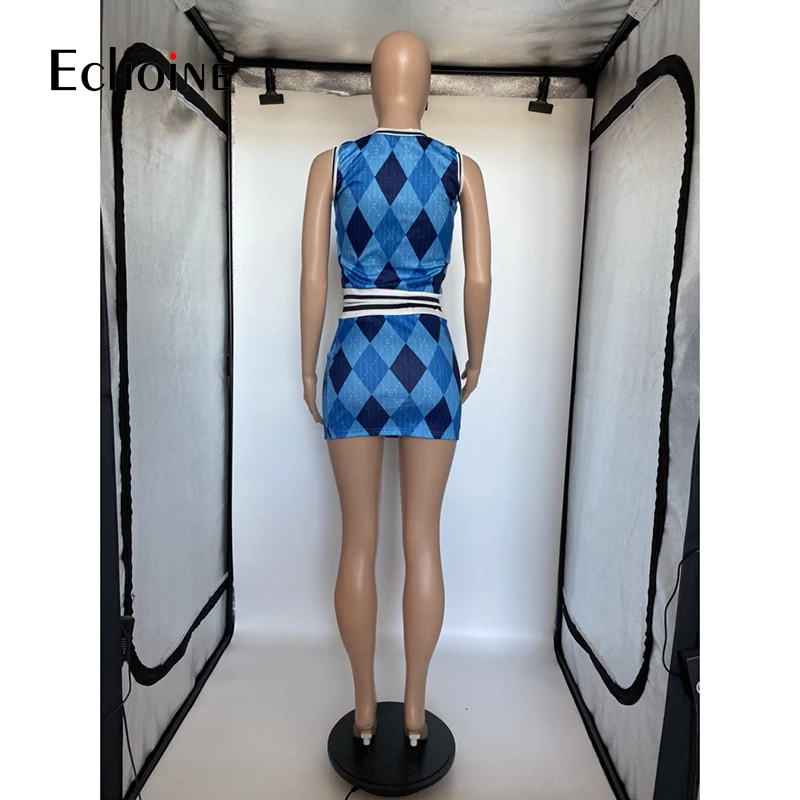 

Echoine Women 2021 Classic Plaid Print Two Piece Set elastic Sexy sleeveless Crop Tops and Mini Skirts Sweatpants Suit Outfits