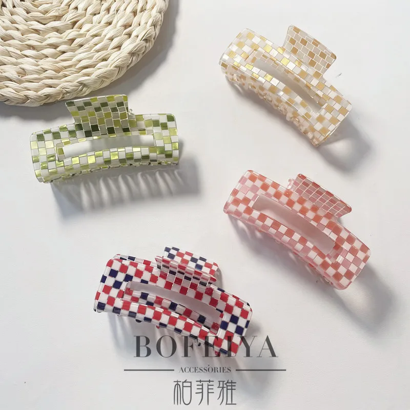 

New Summer Color Contrast Color Stitching Hollow Acetate Plaid Catch Clip Large Back Head Plate Hair Catch hair clip claw clamp