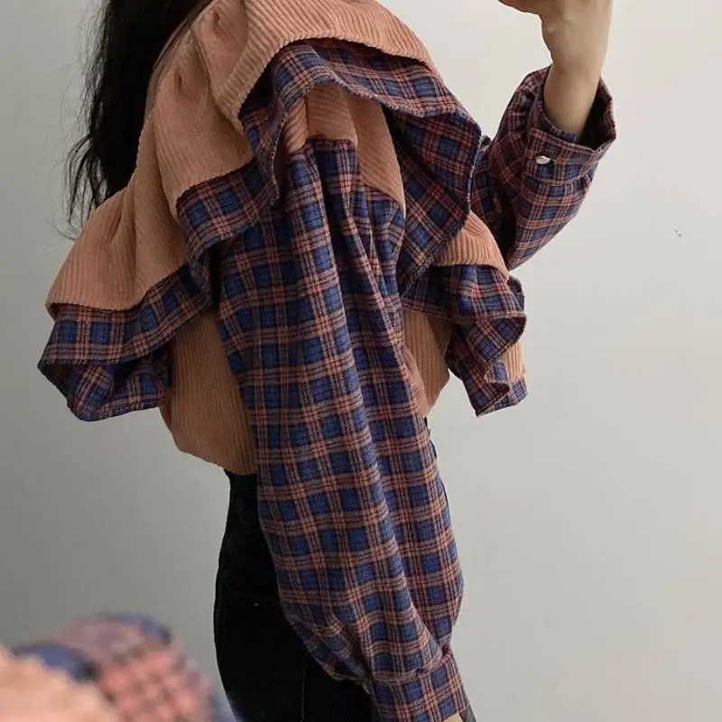 

Chic Ruffle Autumn Winter Women Blouse Corduroy Splicing Lattice Femme Vintage Shirt All-Match Top Clothes Feminina Parker