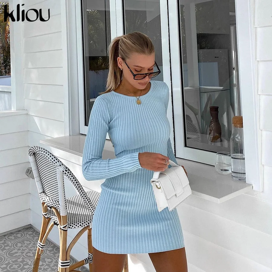 

Kliou Elegant Knitted Mini Dress Women Aesthetic Solid Sexy Sheath Simple Skirt Long Sleeve Backless O-Neck Female Partywear