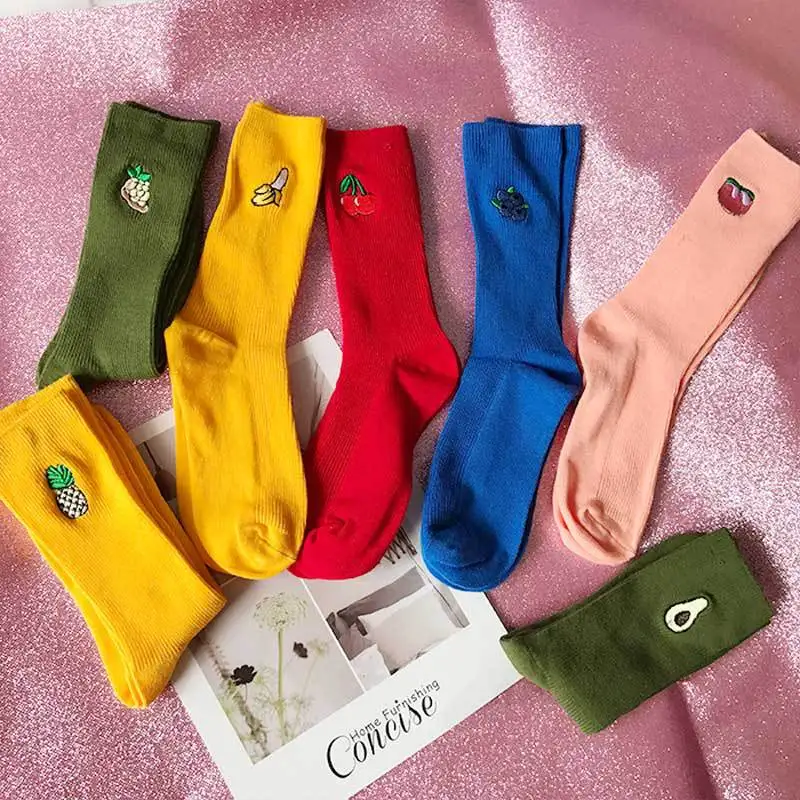 Хлопковые цветные женские носки с мультяшными фруктами хипстерские вышивкой
