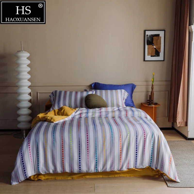 

Paralle Line 4Piece Bedding Set Tencel Lyocell Pillowcase Duvet Cover Fittedsheet /Bedsheet Queen King Size Nordic style