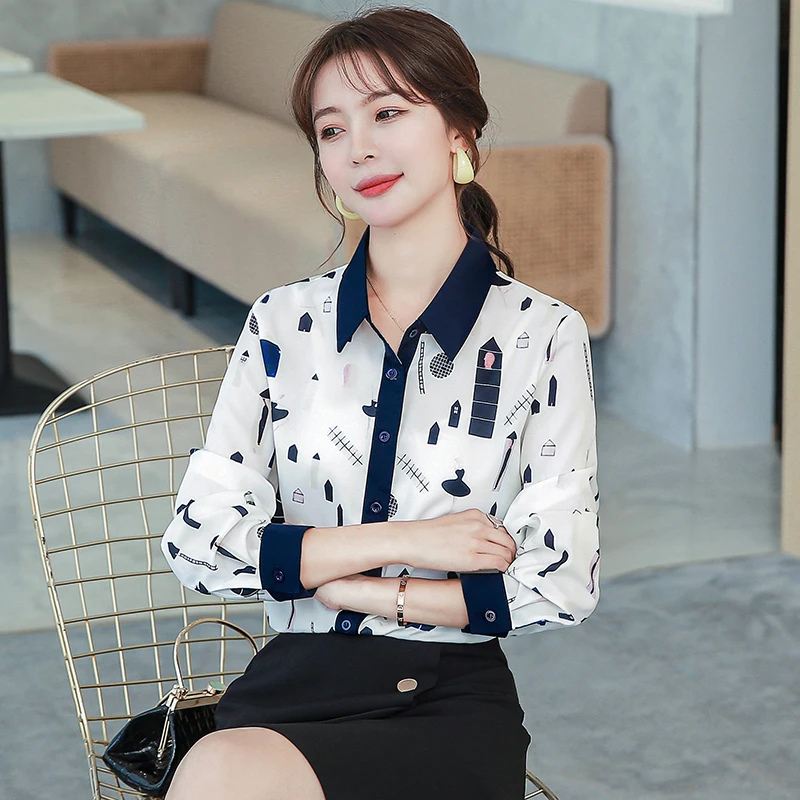 

Autumn New Women's Blouse Long Sleeve Polo Shirt Splicing Printed Top Chiffon Casual Fashion Loose Clothing Houthion