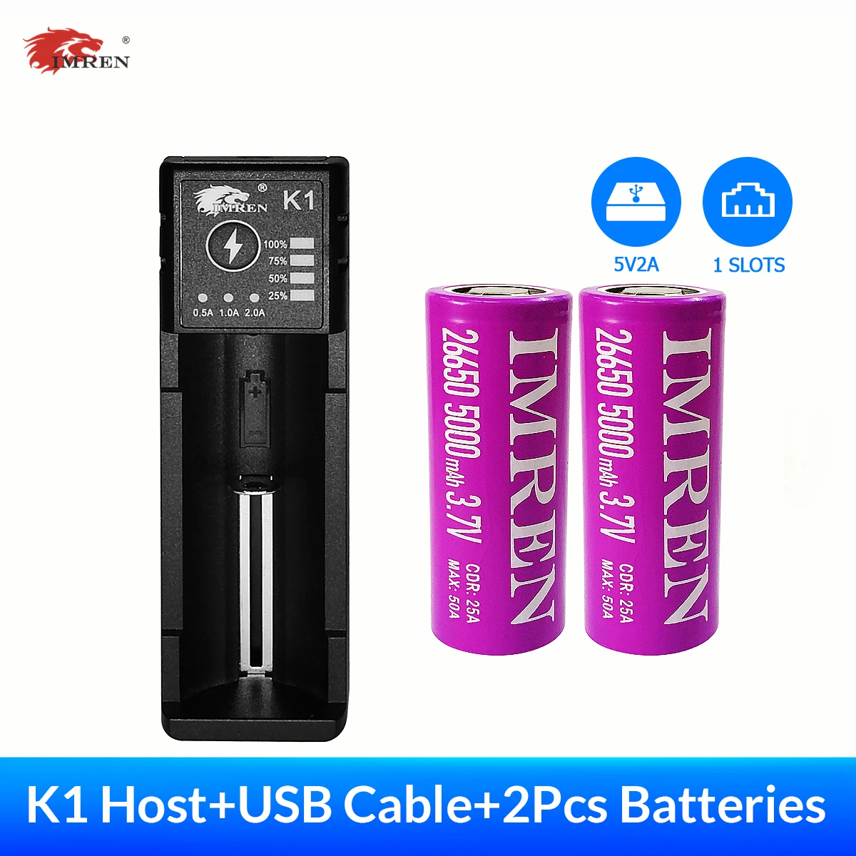 

IMREN K1 Rechargeable Batteries 5V2A USB Charger 14500 16650 18650 26650 21700 18350 A AA AAA Lithium NiMH Ni-Cd + 26650 Battery