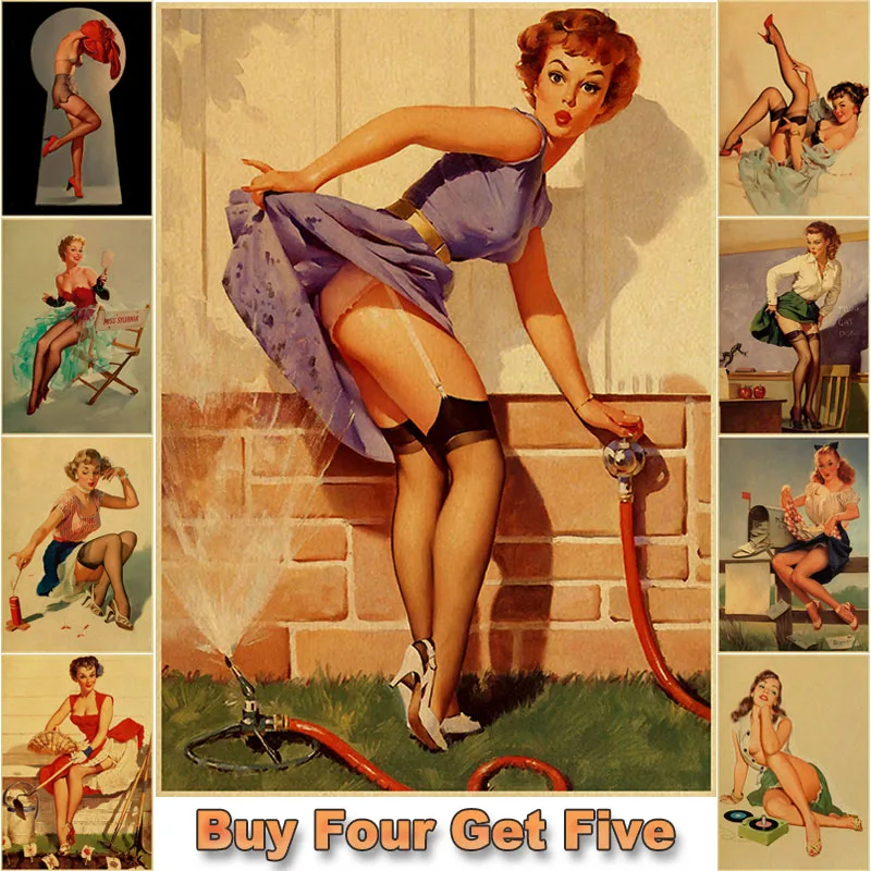 

Vintage Pin Up Girl Poster Kraft Paper Posters and Prints Retro Wall Decorative Picture Home Decor Living Room Bar Decoration