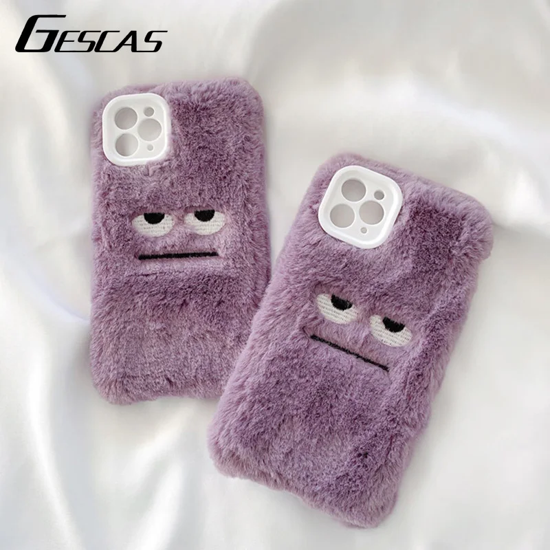 

GESCAS Phone Case Purple Plush Expression For Phone 7/8/plus/x/xs/xr/xs Max/11pro Max/12 Pro Max/SE 2020 Plush Phone Case