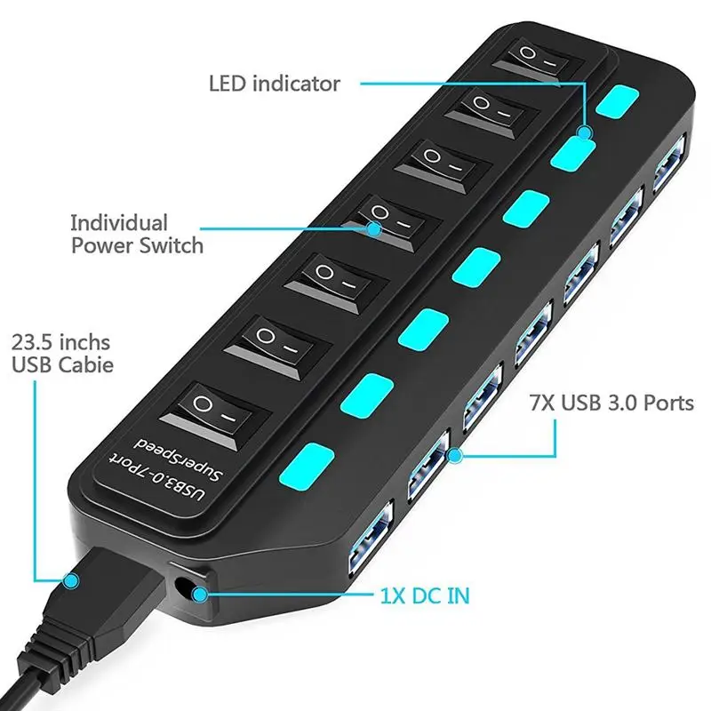 Концентратор USB 3 0 расширитель 7 портов с мощным адаптером и переключателем