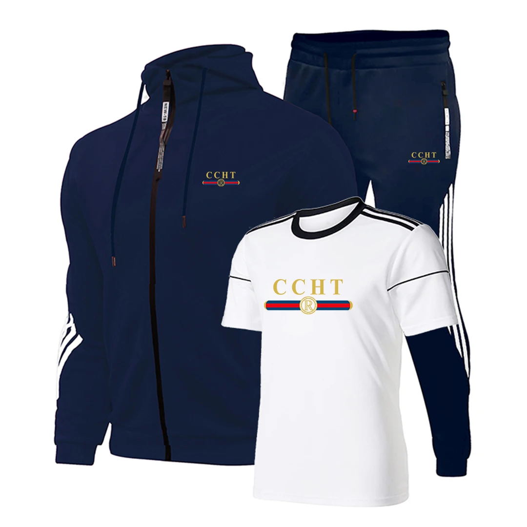

2021 Brand Fashion Men's Striped T-Shirt + Jacket+Trousers 3-Piece Set Hooded Cardigan Spring Summer Leisure Sports Fitness Suit