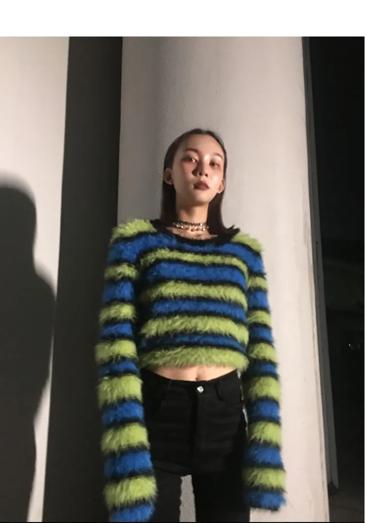 Harajuku синий и зеленый полосатый Пушистый свитер Укороченный джемпер для женщин милый Свитер Pollover вязаный Топ/
