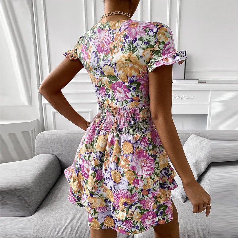 

2021 Summer Fashion Ladies Club Hollow Sexy Casual Low-Cut Bow Print Ruffled V-Neck Beach Vacation Short Dress