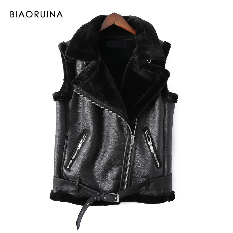 BIAORUINA Women's Moto&ampBiker Style PU Patchwork Fleece Thick Keep Warm Vest with Belt Female Autumn Winter Fashion Coat | Женская
