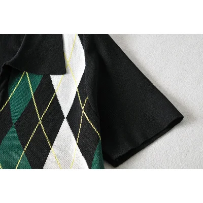 

Американский ретро свитер в клетку с бриллиантами, пуловер с воротником поло