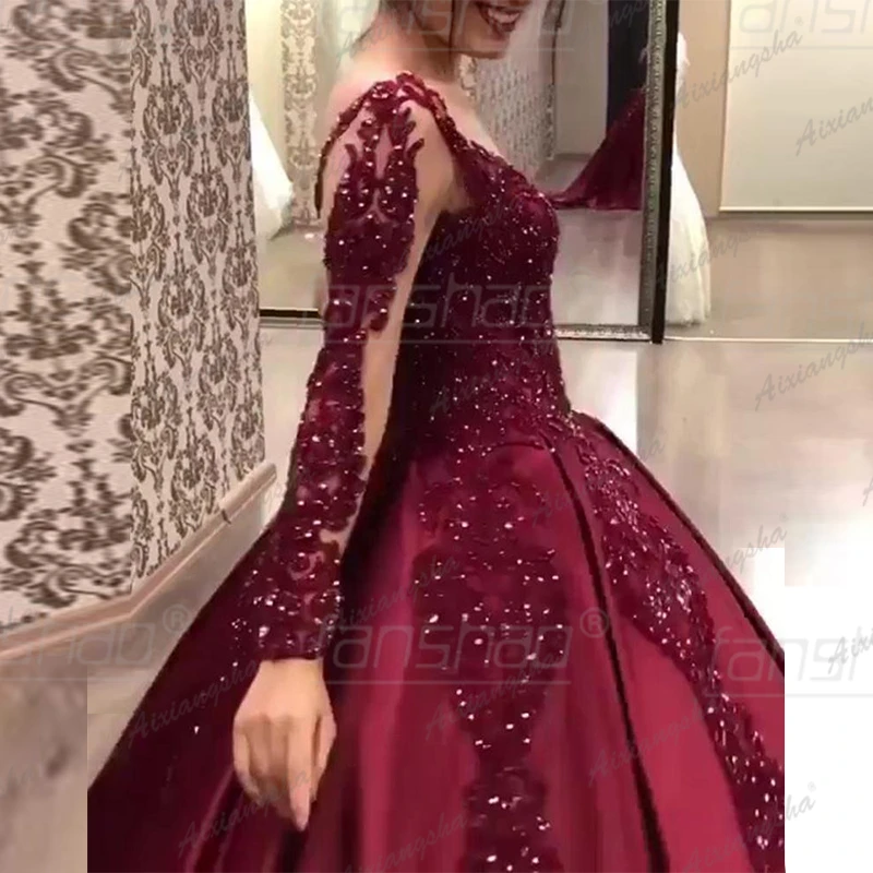 Женское вечернее платье с блестками Fanshao бордовое Прозрачное круглым вырезом и