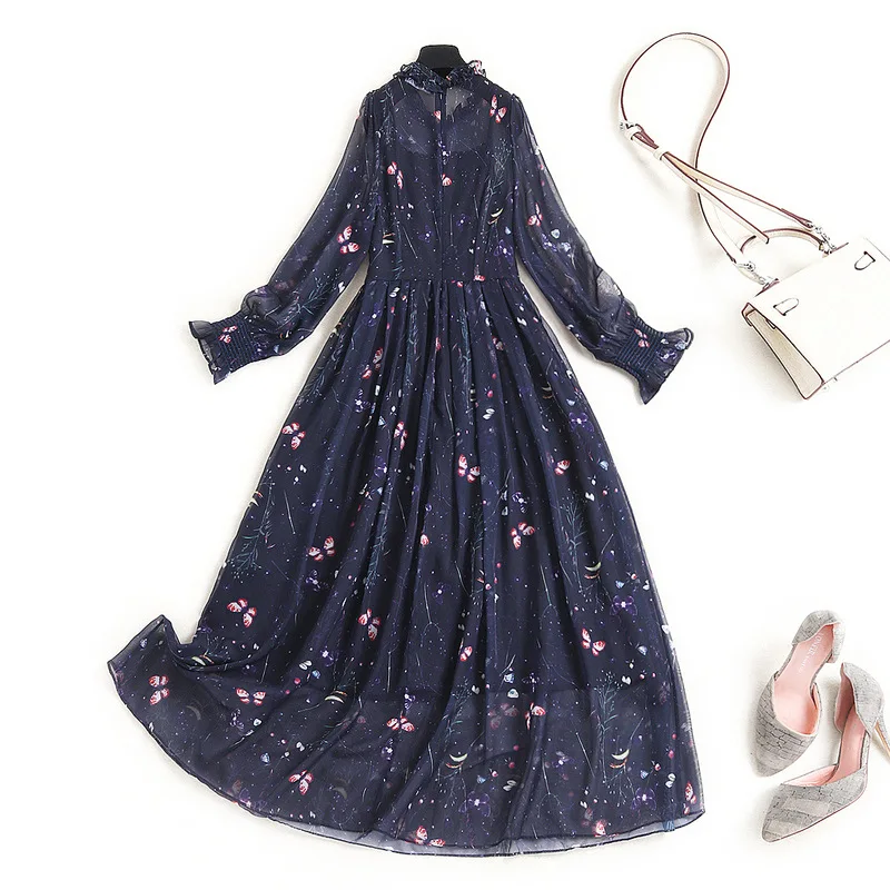

Floral dress 2021 spring new chiffon long skirt fashion stitching wood ear print temperament skirt
