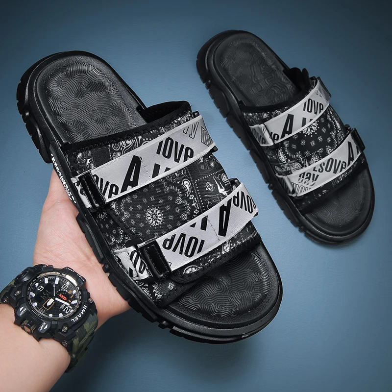 Мужские и женские пляжные шлепанцы Простые сандалии с принтом Нескользящие