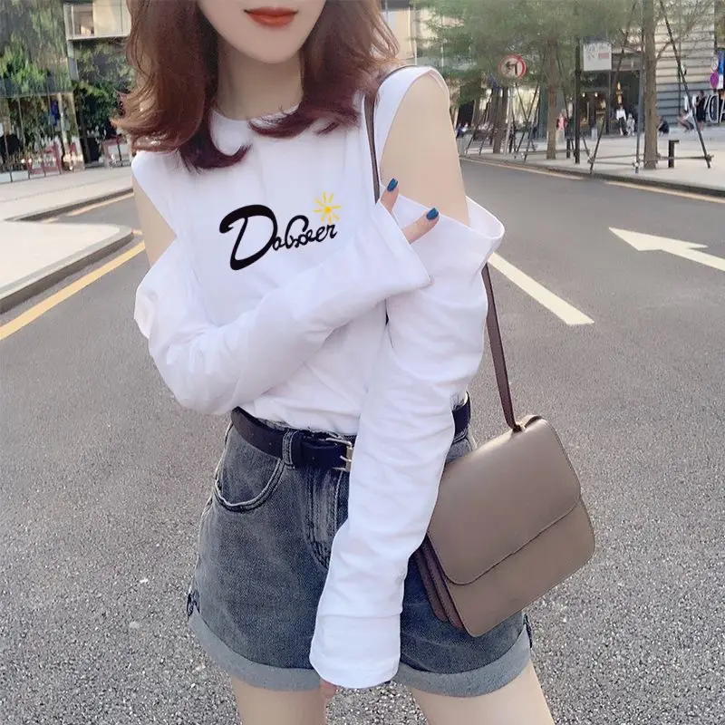 

Women Long-Sleeved T-shirt Autumn 2021 Round Neck Hollow Print White Top All Match Female T Shirt
