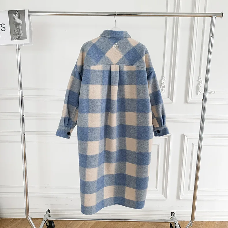 

Autumn Winter Woolen Coats Women Plaid Hem Slit Turn-down Collar Long Sleeve Loose Pockets Female Single Breasted Jackets New