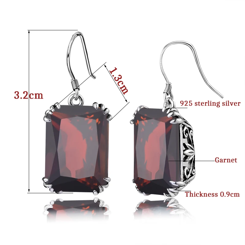 Женские серьги из серебра 100% пробы с квадратными гранатами|Серьги-подвески| |
