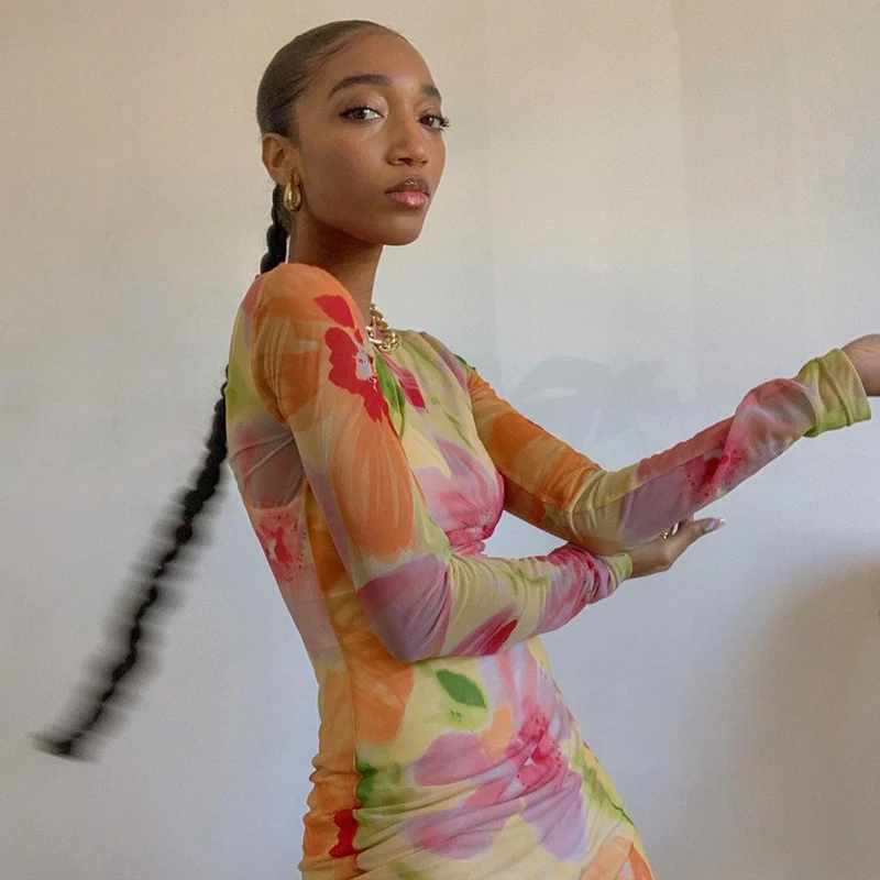 

HEYounGIRL Floral Mesh Transparent Long Sleeve Dress Summer Sexy Bodycon Mini Dresses Women See Through Y2K Streetwear Fashion
