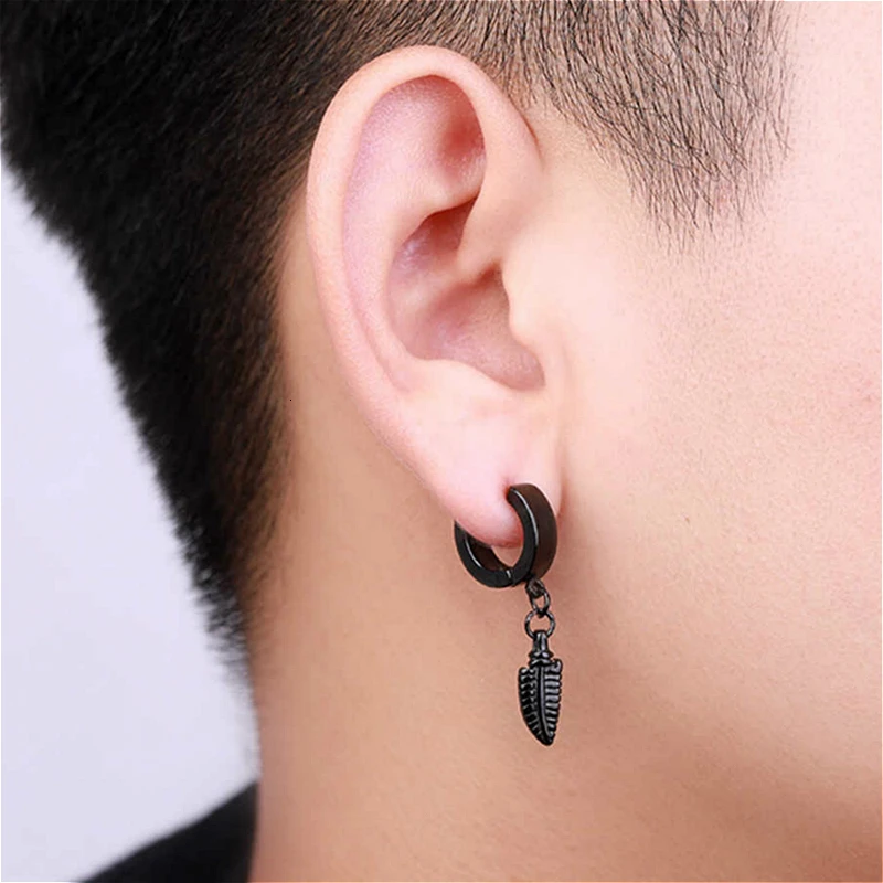 

Black Titanium Steel Leaf Drop Earrings Men Hiphop Rock Punk Circle Earrings Piercing Ear Stud Dangle Earring Party Jewelry 1pcs