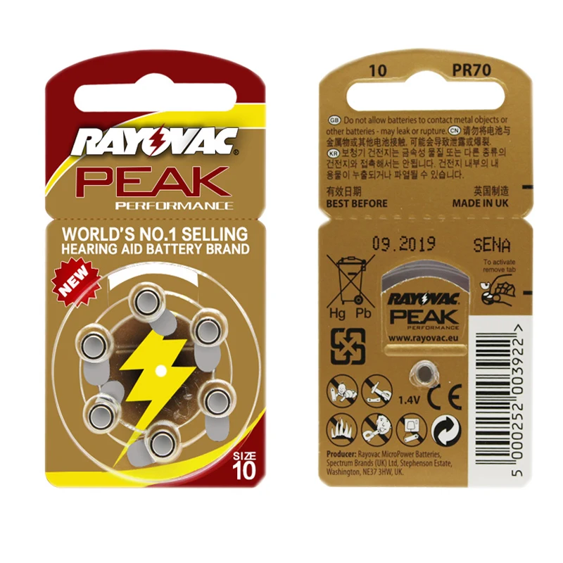 Батареи слухового аппарата 6 шт./1 карта RAYOVAC PEAK-A10/PR70/10 цинк воздушный аккумулятор 1,45 в размер диаметр 5,8 мм толщина 3,6 мм