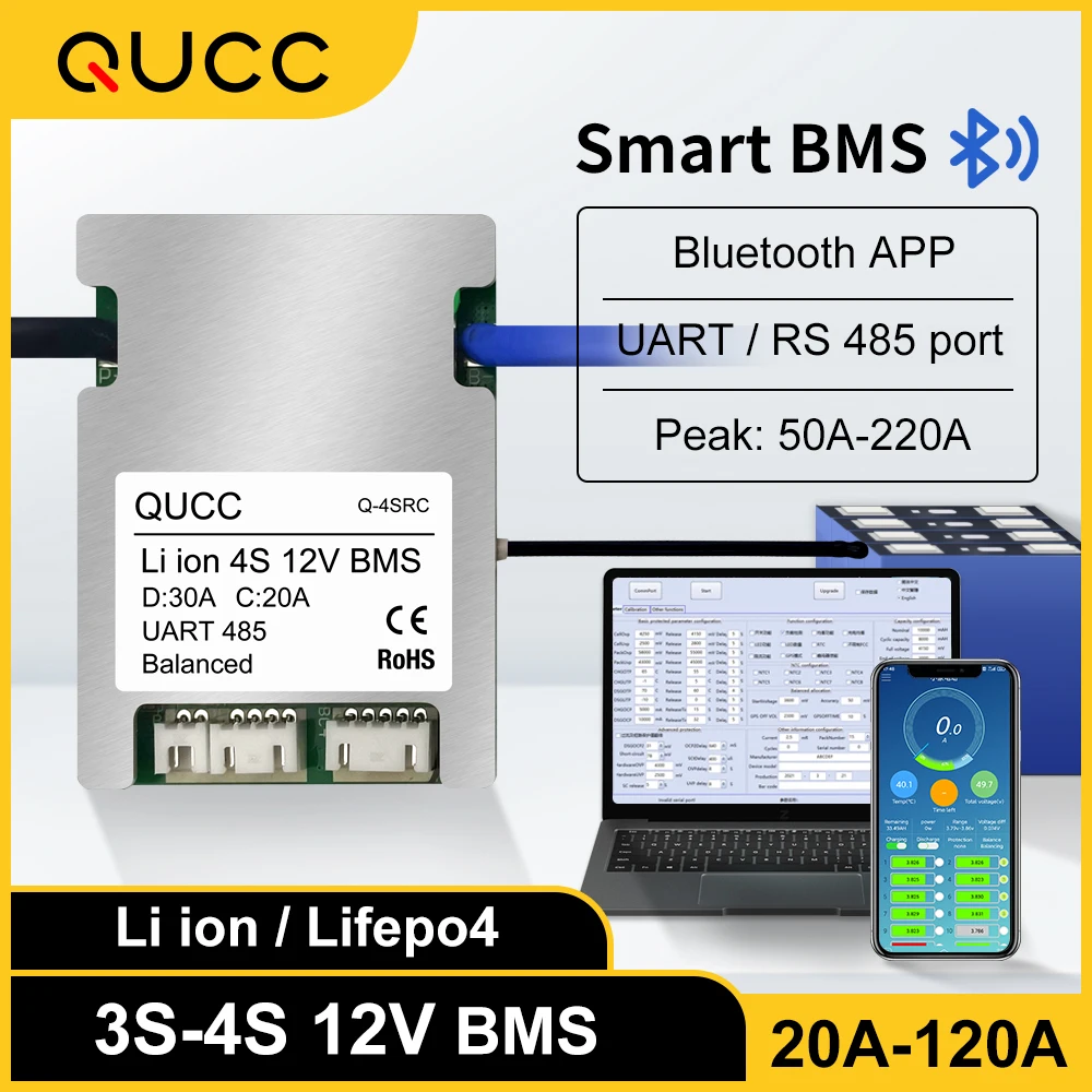 

NEW2022 NEW QUCC Smart BMS 3S 12V 20A 30A 35A 60A 80A 100A 120A Li ion Lifepo4 4S with Balance Bluetooth PC UART RS485