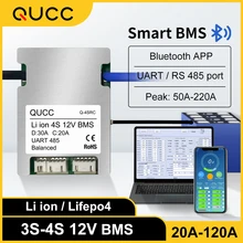QUCC-BMS inteligente 3S, 12V, 20A, 30A, 35A, 60A, 80A, 100A, 120A, Lifepo4, 4S con Balance, Bluetooth, PC, UART, RS485, parámetros ajustables