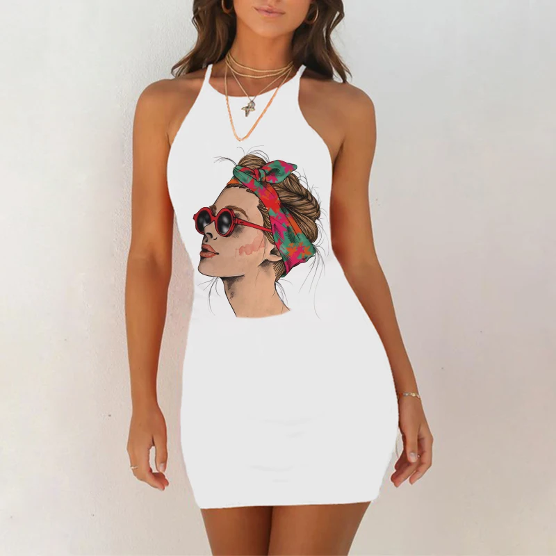 Женское летнее облегающее платье белое мини-платье без рукавов с мультяшным