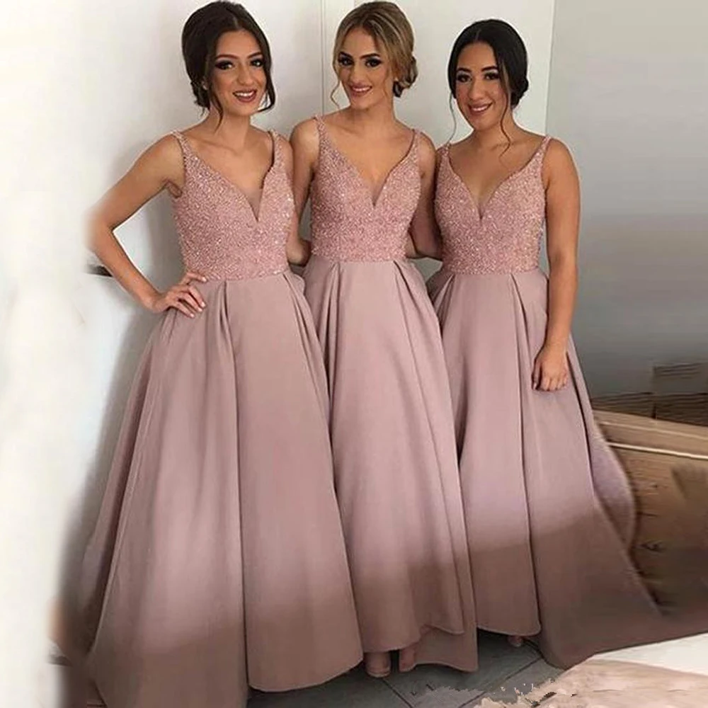 

Blush Pink Country Bridesmaid Dresses Low V Neck Satin Bohemian Backless Prom Gowns Maid Of Honor Dress