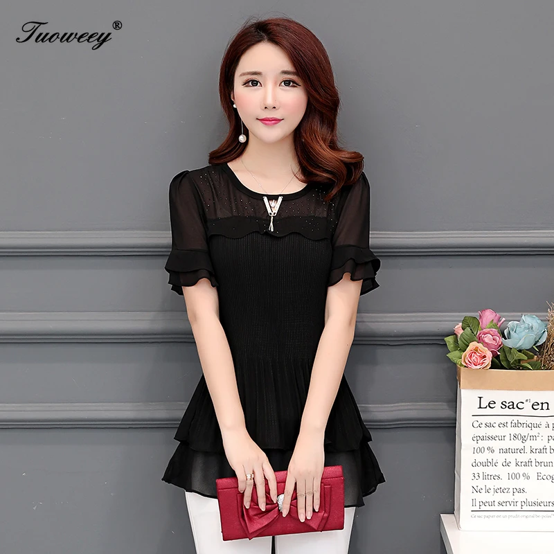 Blusas mujer de moda 2019 черная Свободная шифоновая блузка женские рубашки с коротким