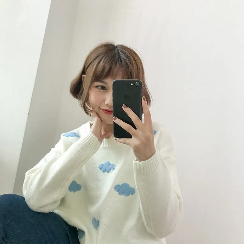 2019 женский свитер Kawaii Ulzzang в винтажном стиле для колледжа свободный с облаками