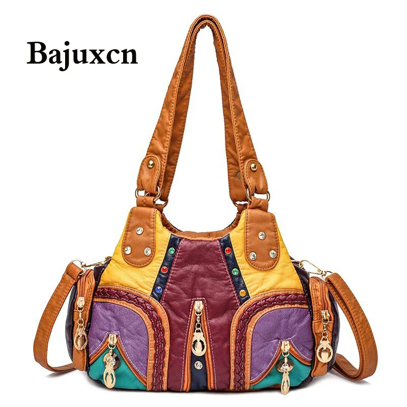 

High Quality Washed PU Leather Handbag Ladies Daily Bag Gift Messenger bag fashion stitching Shoulder Bags Purse 2020 new Ladies