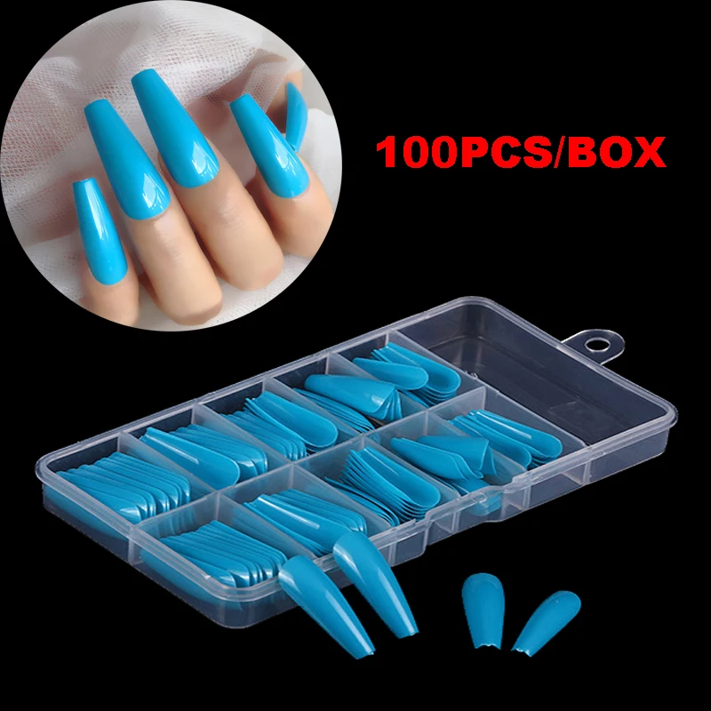 

100Pcs/Box 14Colors Extra Long Ballerina False Nails Clear/SKY BLUE Coffin Fake Nails Art Tips Flat Shape Full Cover Charms Nail