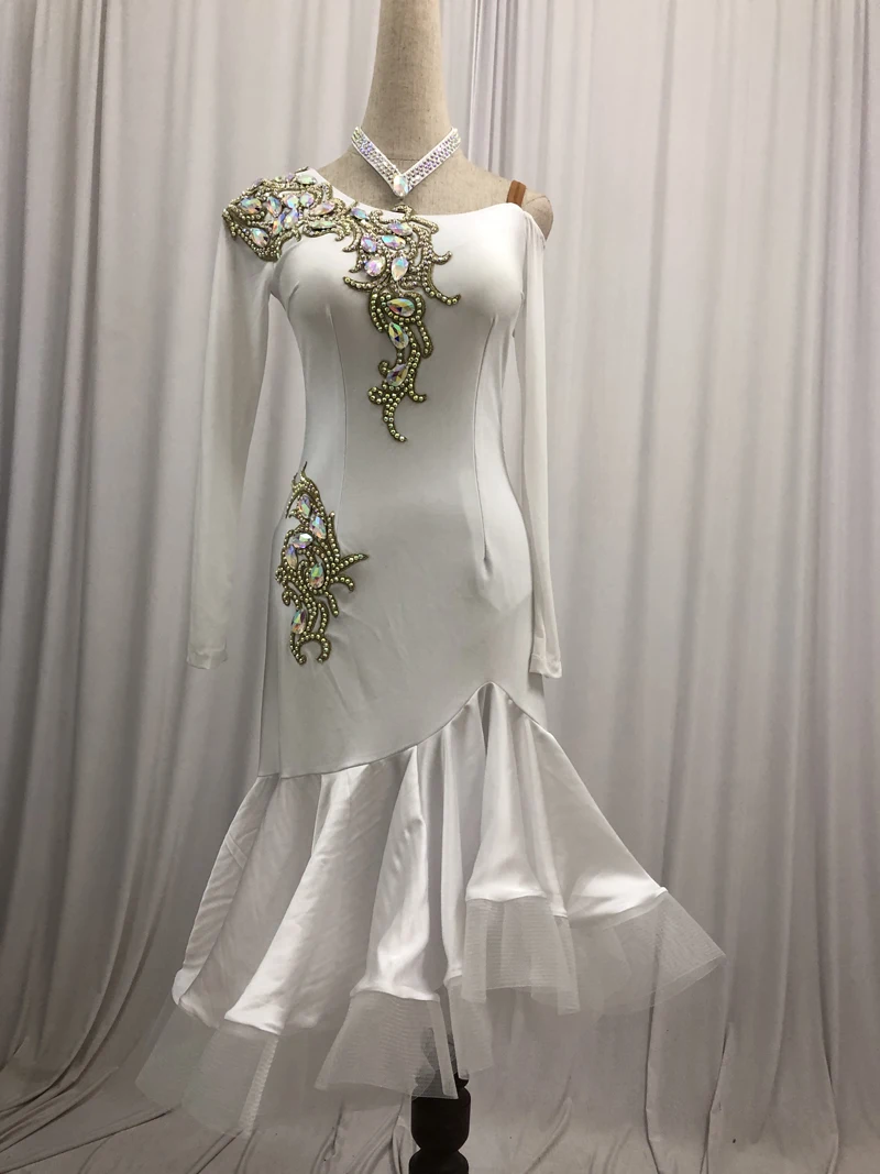 

Латинские танцы Конкурс юбка для танцев Для женщин 2021 с длинным рукавом белая Стандартный Латинской Танцы Одежда для взрослых Румба латино...