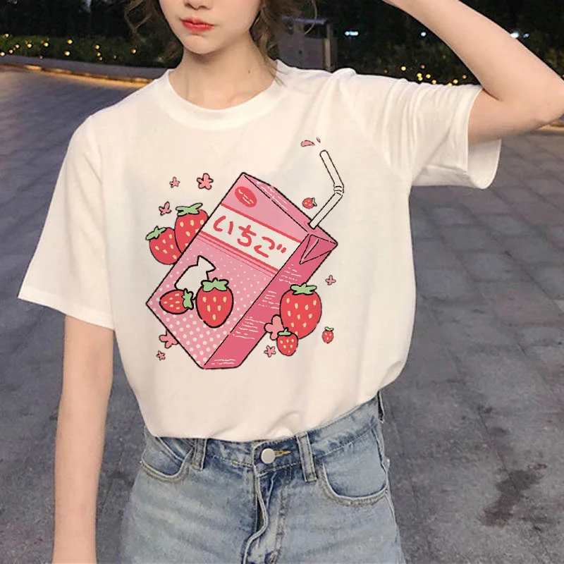 

Women Casual Graphic Tees Women Polyester Summer Tees & Tops Harajuku Milk with Banana Peel Off Funny Kawaii Tee Shirts 2021