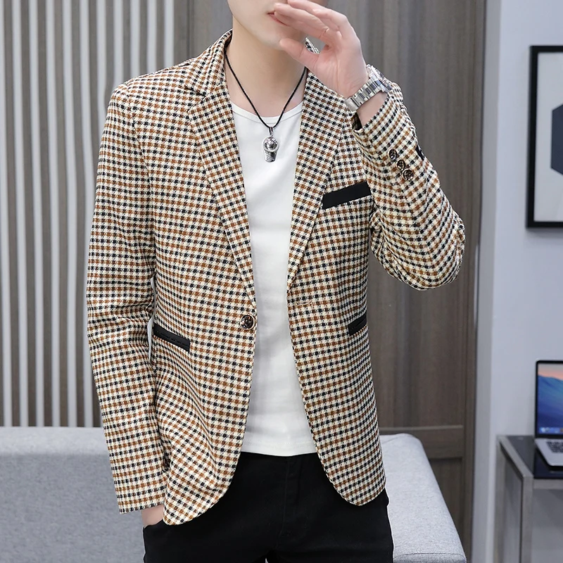 

morality leisure suit male age season single grid west coat popular logo handsome male youth popular small suit