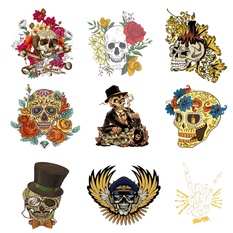 

Iron-on Transfers for Clothing Thermo Stickers Diy Punk Skull Appliques for Jackets Pvc Patch Fusible Stripe Rock Appliques C