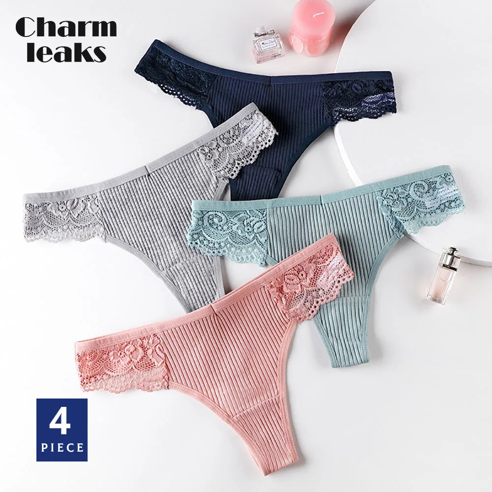 

Charmleaks Women's Thongs Solid Sexy Underwear Lace Tangas Cheeky Panties T-Back S-XL Pack of 4